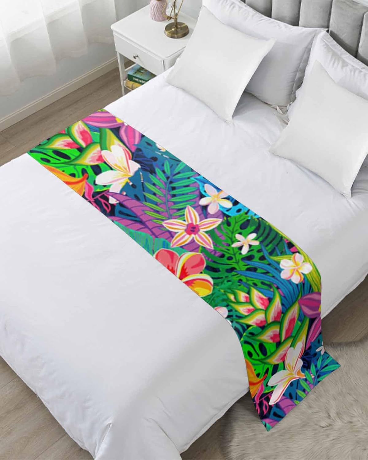 Yukro Bed Runner Scarf with Tropical Plants Design