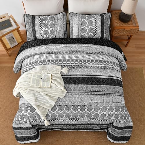 WONGS BEDDING Grey Boho Quilt Set King Size 3 pcs
