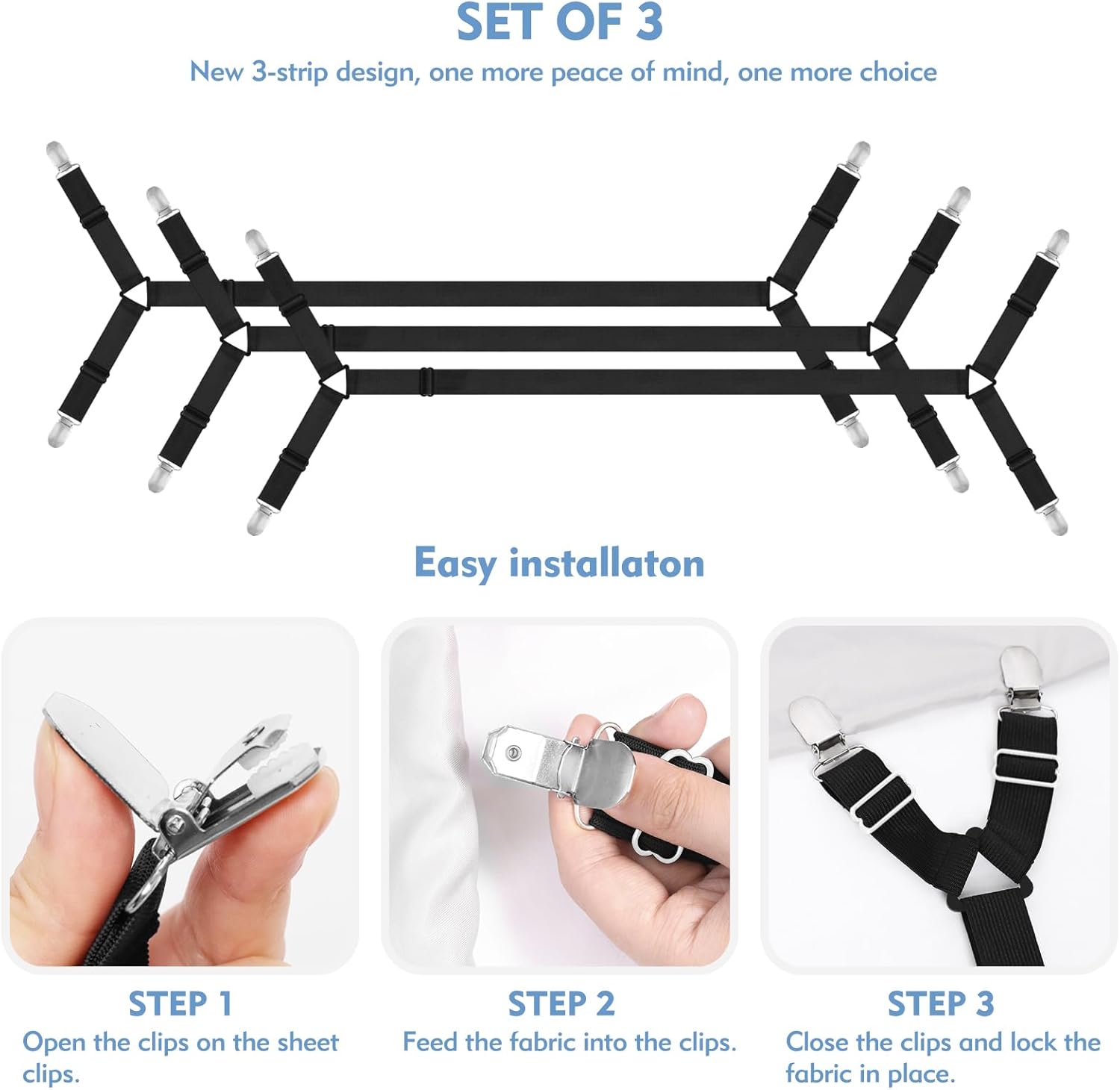 3 PCS Adjustable Bed Sheet Straps with Metal Clips - Black