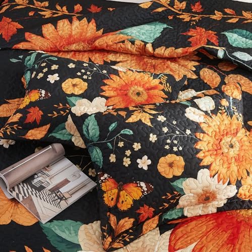 EVEHUG Black Sunflower Reversible Quilt Set Queen Size