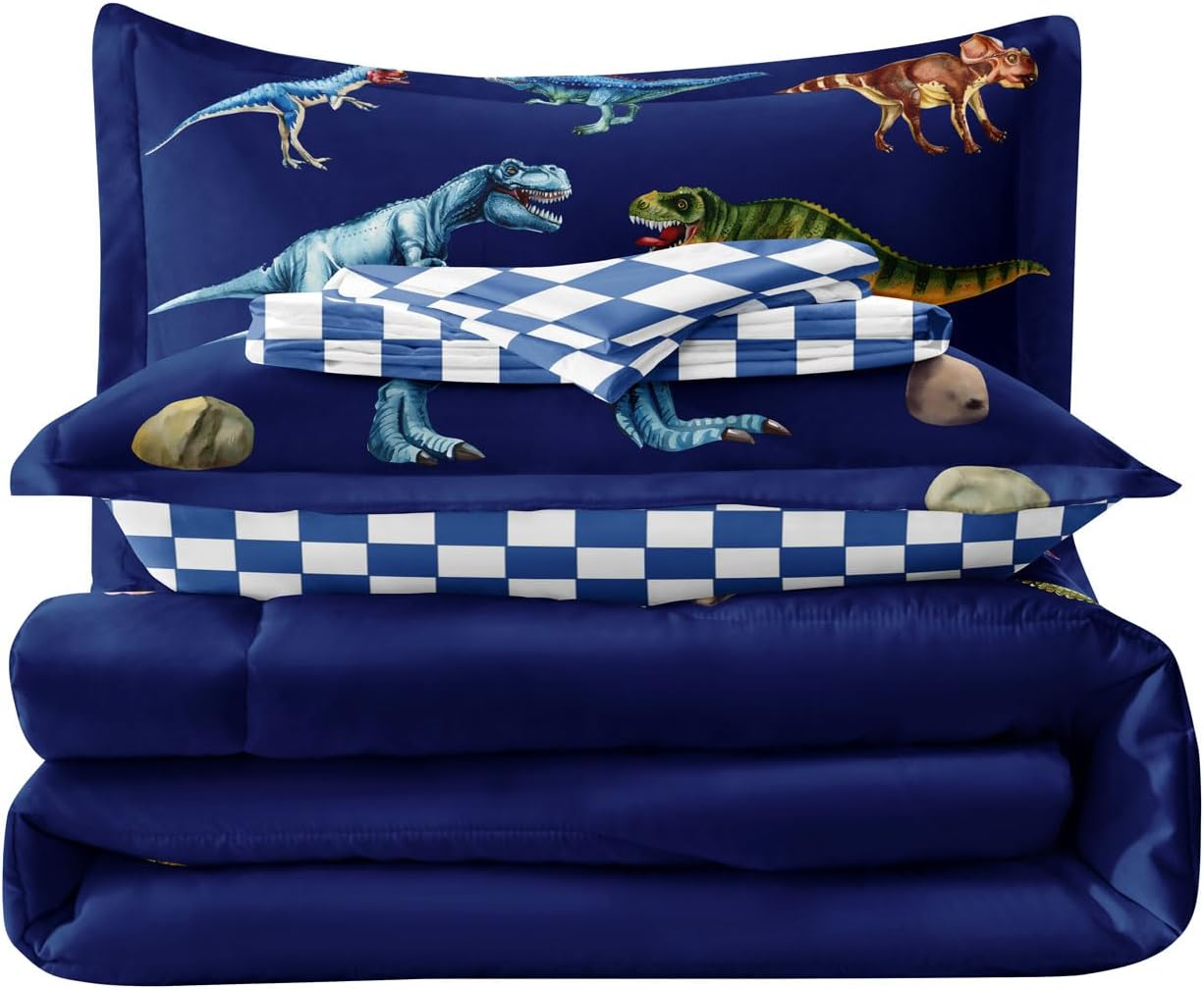 Leaflin Kid Twin Comforter Set - Dinosaur Themed Blue Bedding