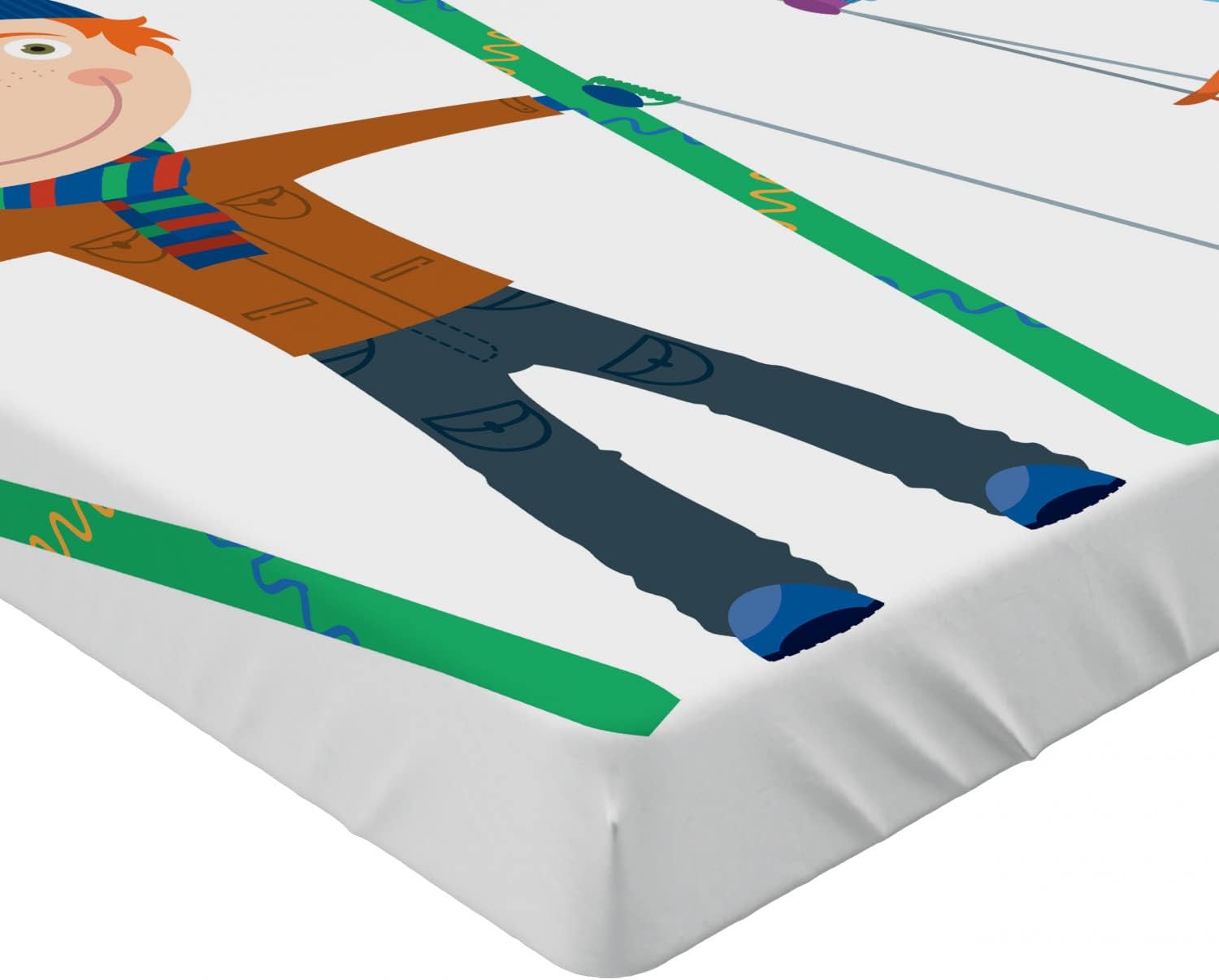 Ambesonne Sports Fitted Sheet with Funny Siblings Skis Winter Print
