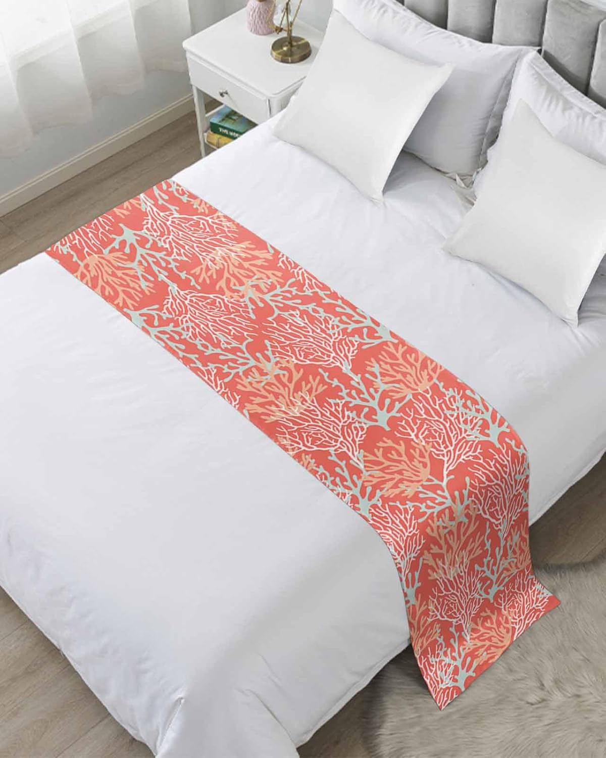 Sabolny Orange Coral Red Cal King Bed Runner Scarf