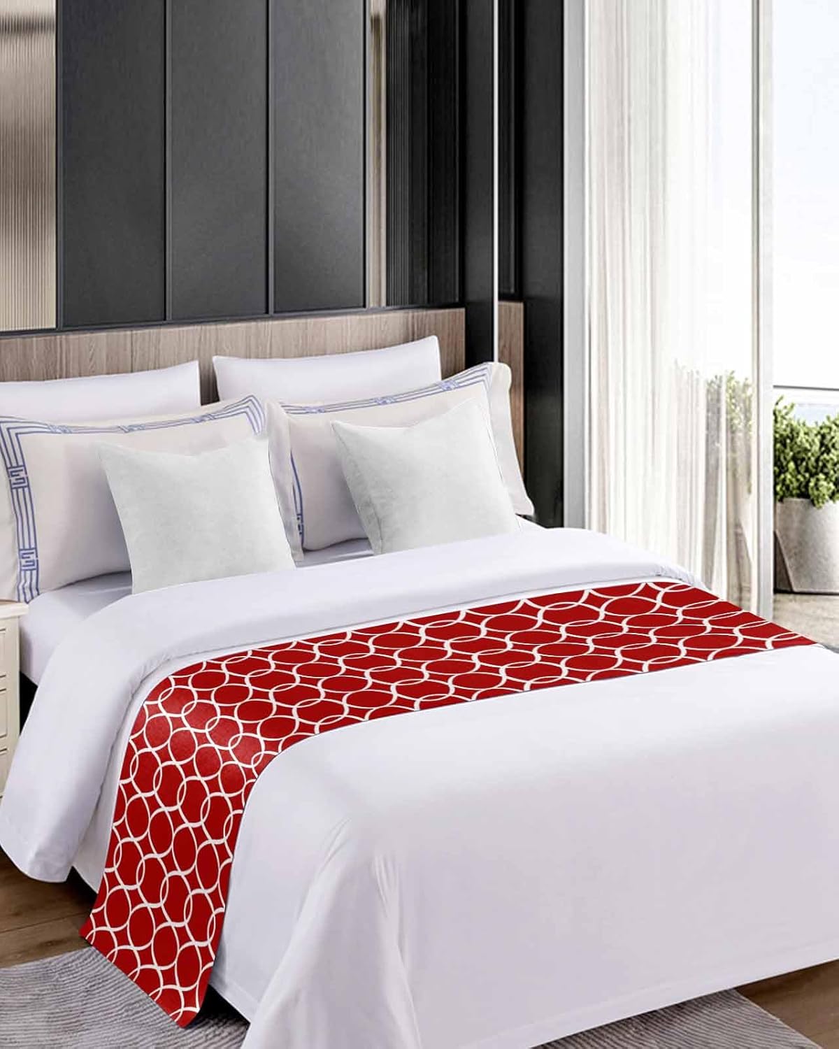 Sabolny Red White Geometric Cal King Bed Runner Scarf 1