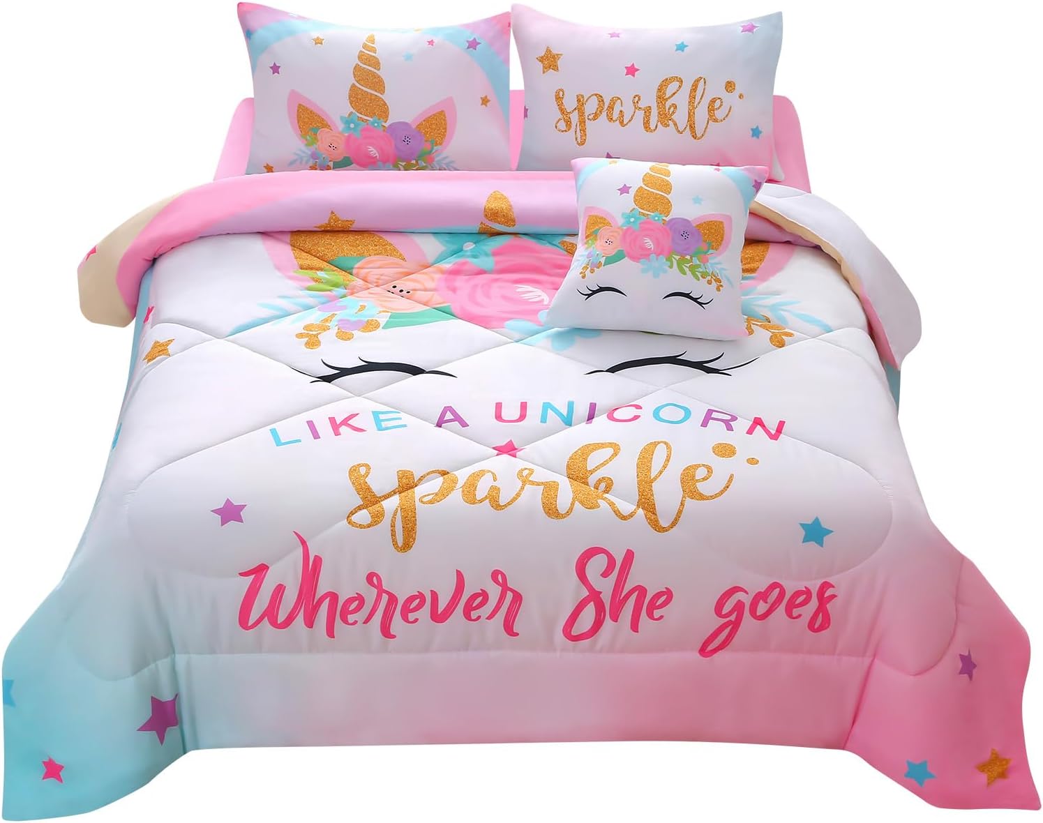 JQinHome Sparkle Unicorn Comforter Set 6 Piece Twin Bedding