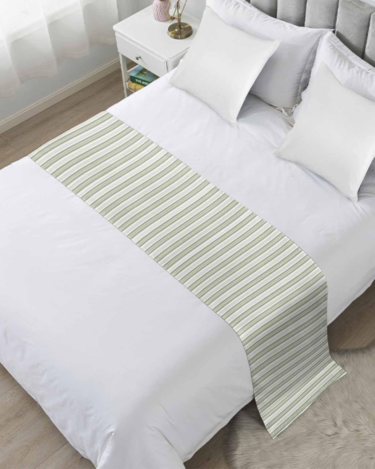 Sabolny Boho Sage Green Stripe Bed Runner Scarf Twin Size 1