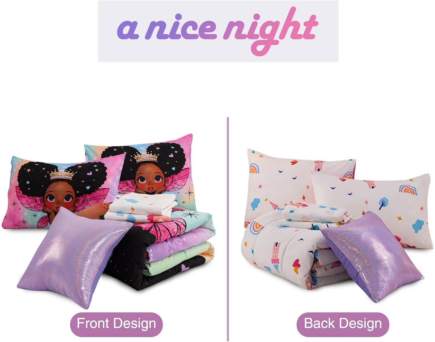 A Nice Night Black Girl Princess with Wings Comforter Set