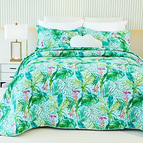 EVENHUG Green Leaf Twin Quilt Set Reversible Bedspread