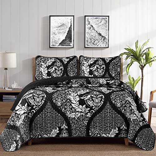 DJY Black Damask Cal King Quilt Set 3 Pieces