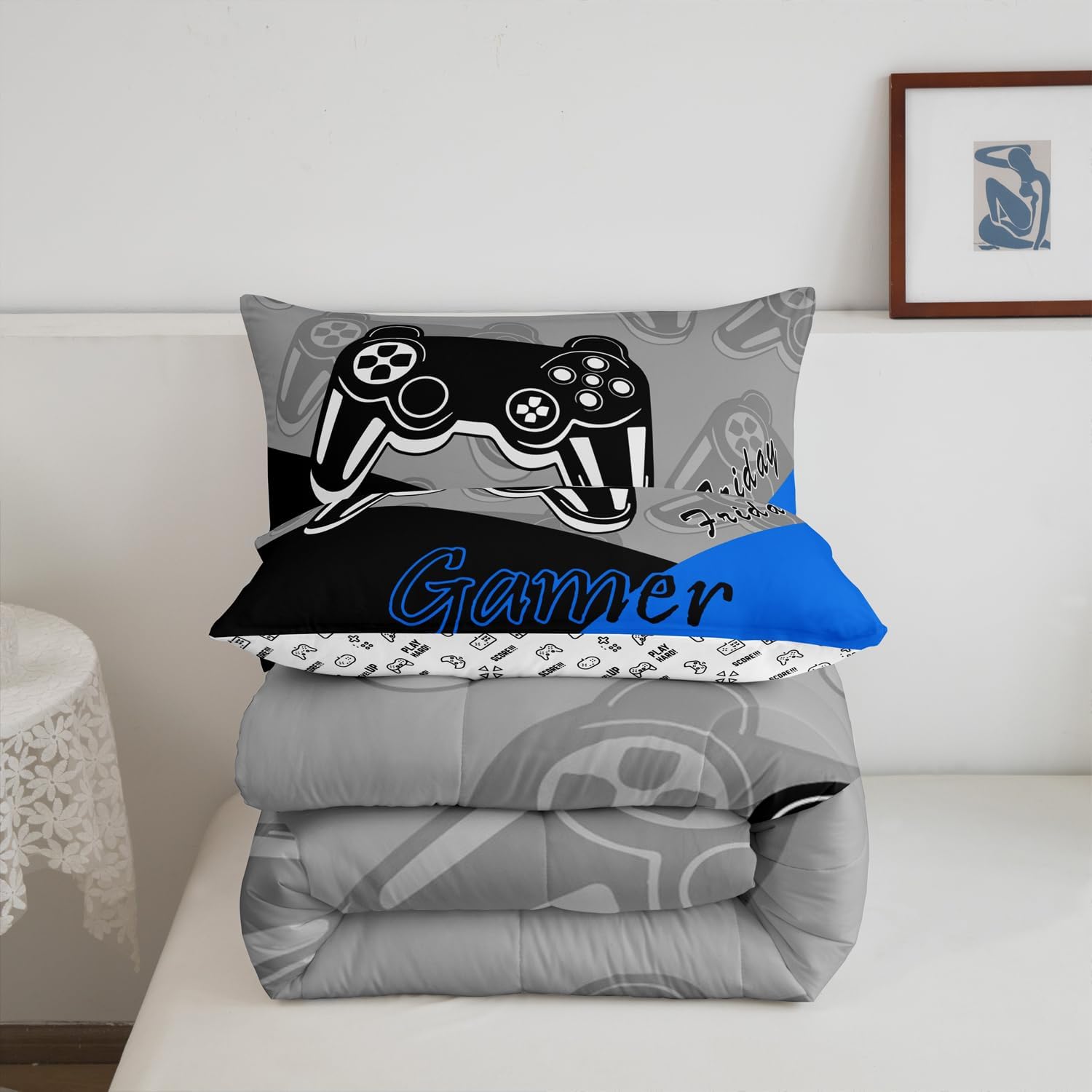 Feelyou Gaming Comforter Set for Boys Blue Black Grey