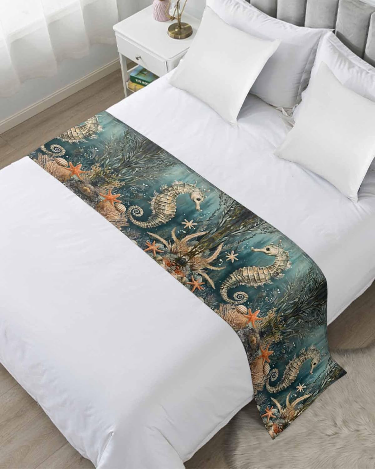 Homechoid Ocean Seahorse Green Bed Runner for King Size
