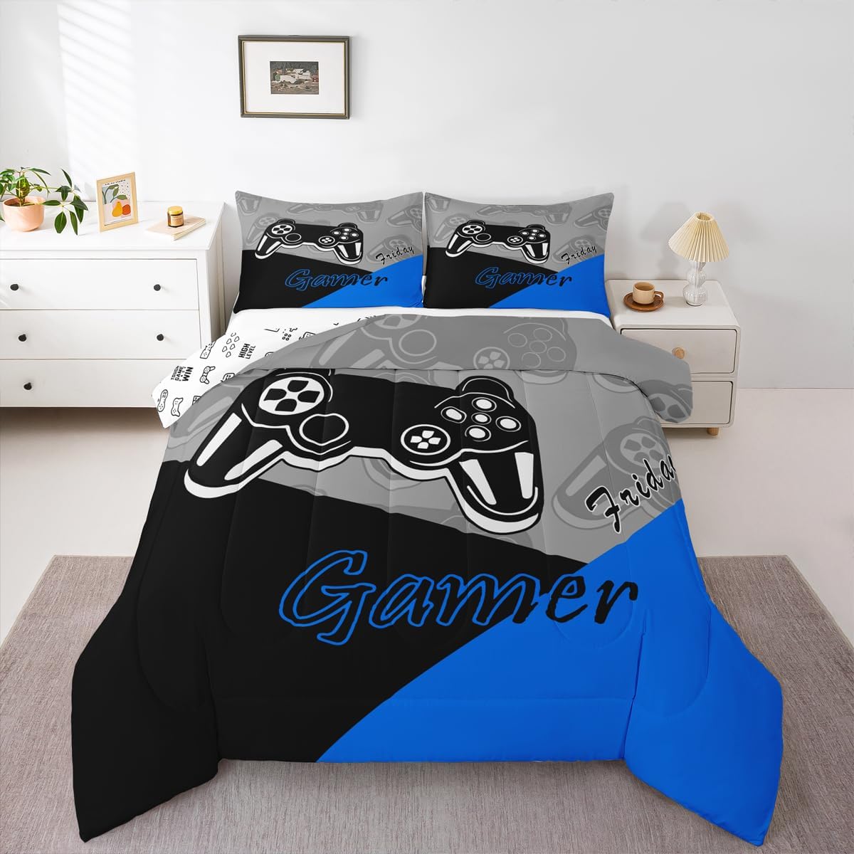 Feelyou Gaming Comforter Set for Boys Blue Black Grey