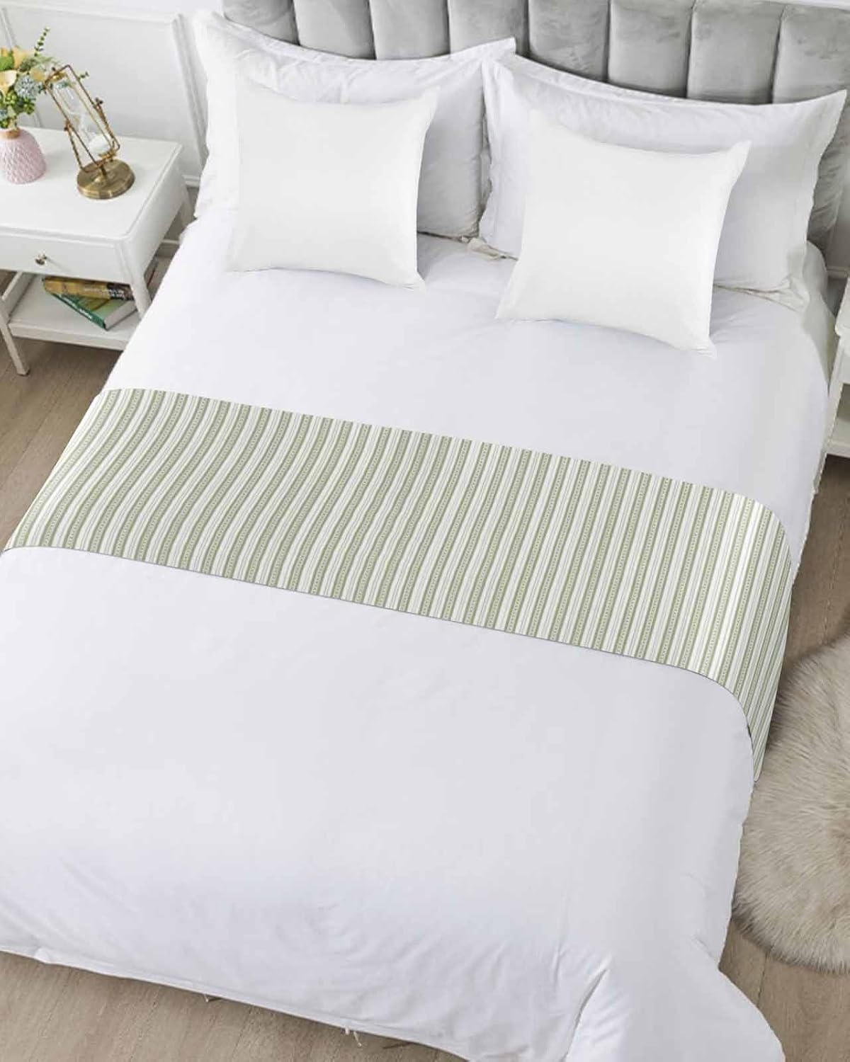 Sabolny Boho Sage Green Stripe Bed Runner Scarf Twin Size 1