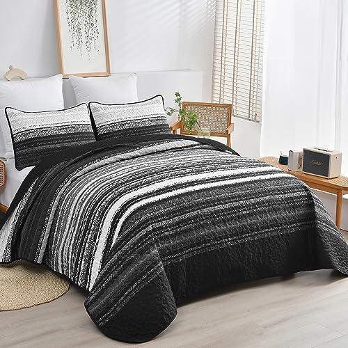 DJY King Size Quilt Set 3 Pieces Black Striped Microfiber