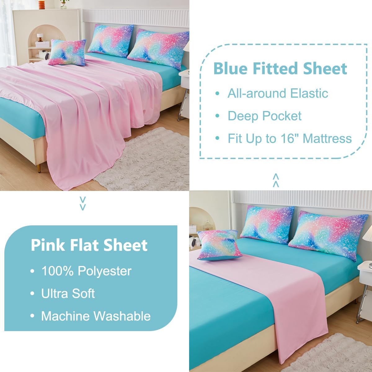 PERFEMET 6-Piece Rainbow Comforter Set for Girls
