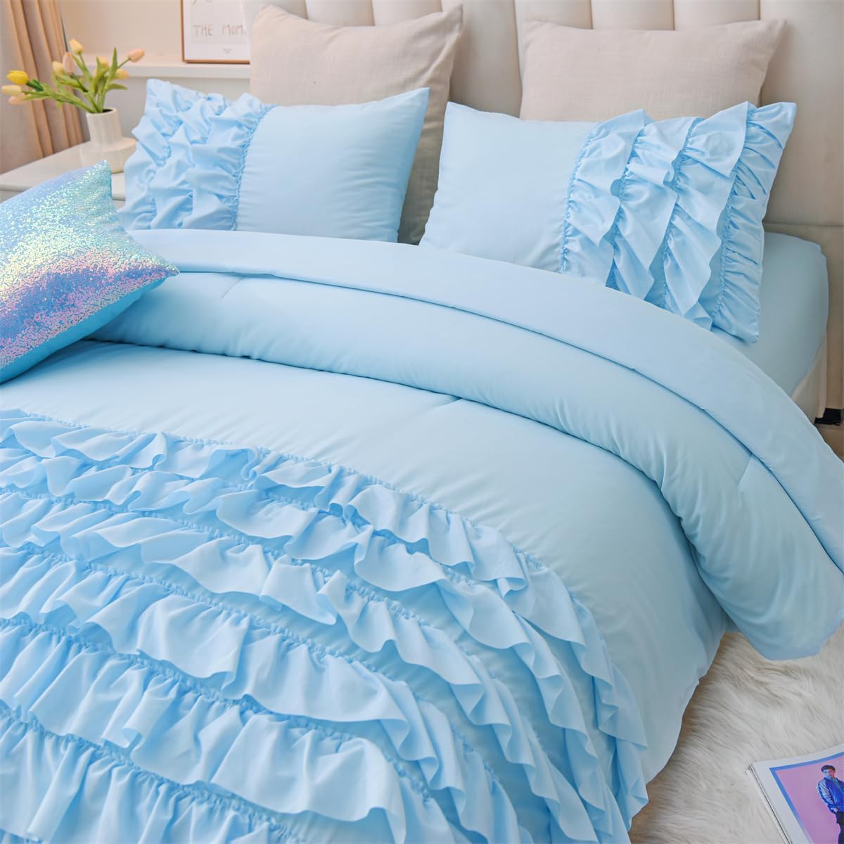 Holawakaka Light Blue Waterfall Ruffle Comforter Set