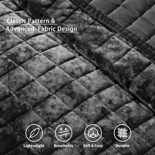 LEAONME Velvet Quilt Set - 90x98 Black Comforter with Pillow Shams