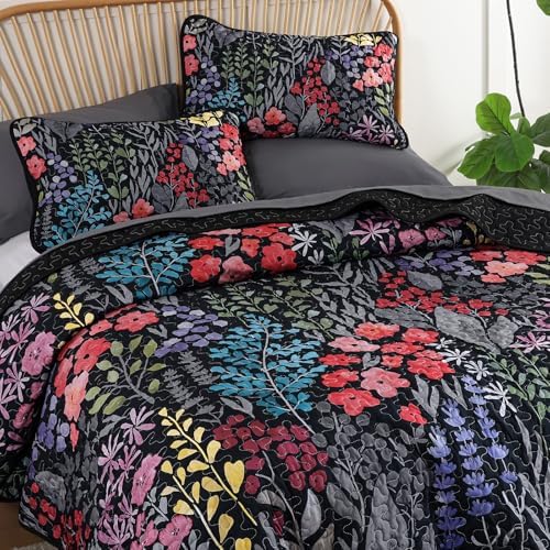 Xruibed Black Floral Quilt Set Queen 3 Piece 1