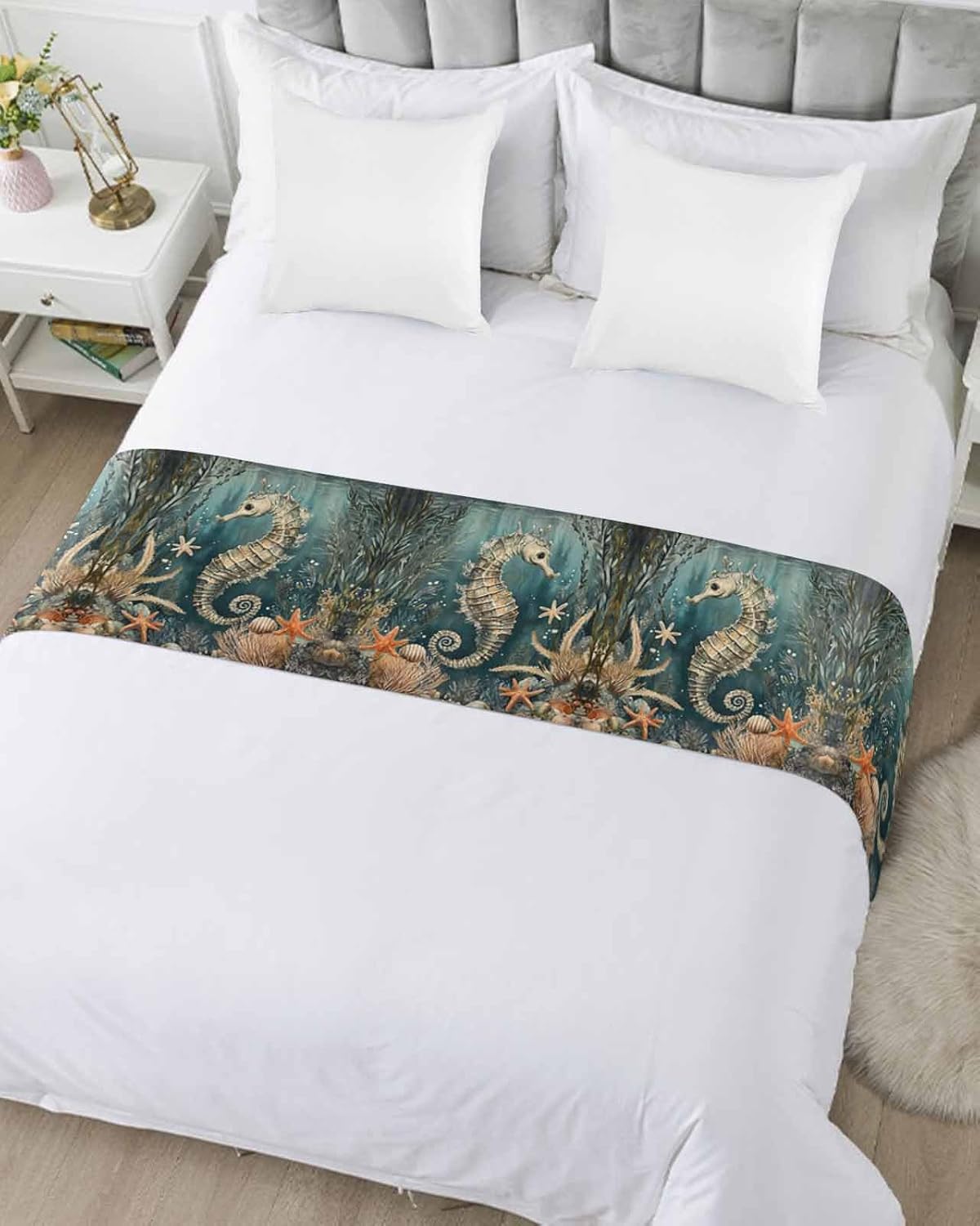 Homechoid Ocean Seahorse Green Bed Runner for King Size