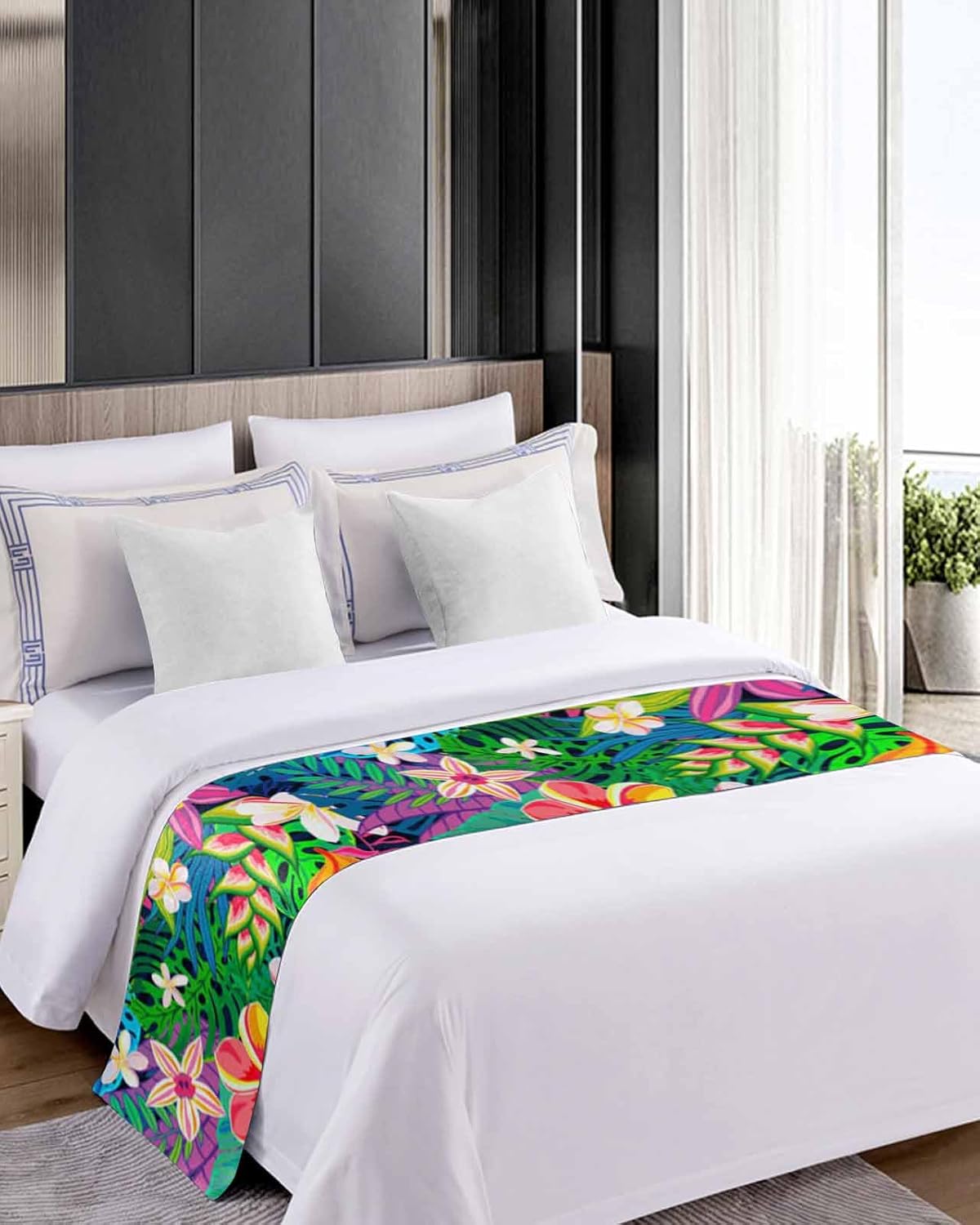 Yukro Bed Runner Scarf with Tropical Plants Design
