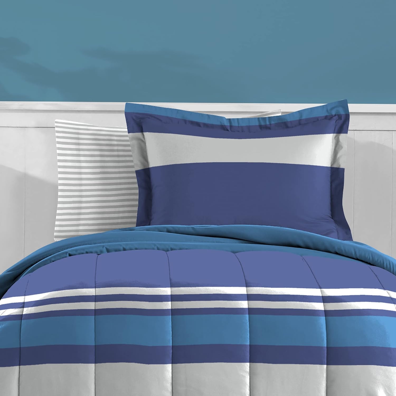 Dream Factory Kids 5-Piece Comforter Set Twin Blue Rugby Stripe