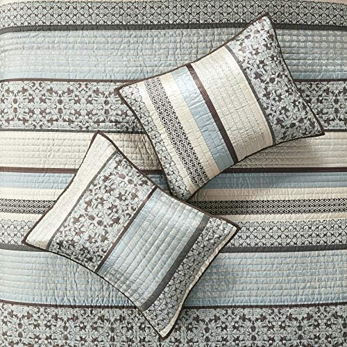 Madison Park Quilt Set with Jacquard Stripes - 5 Piece Floral Blue