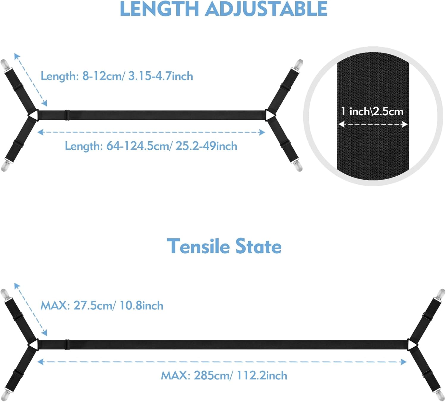 3 PCS Adjustable Bed Sheet Straps with Metal Clips - Black