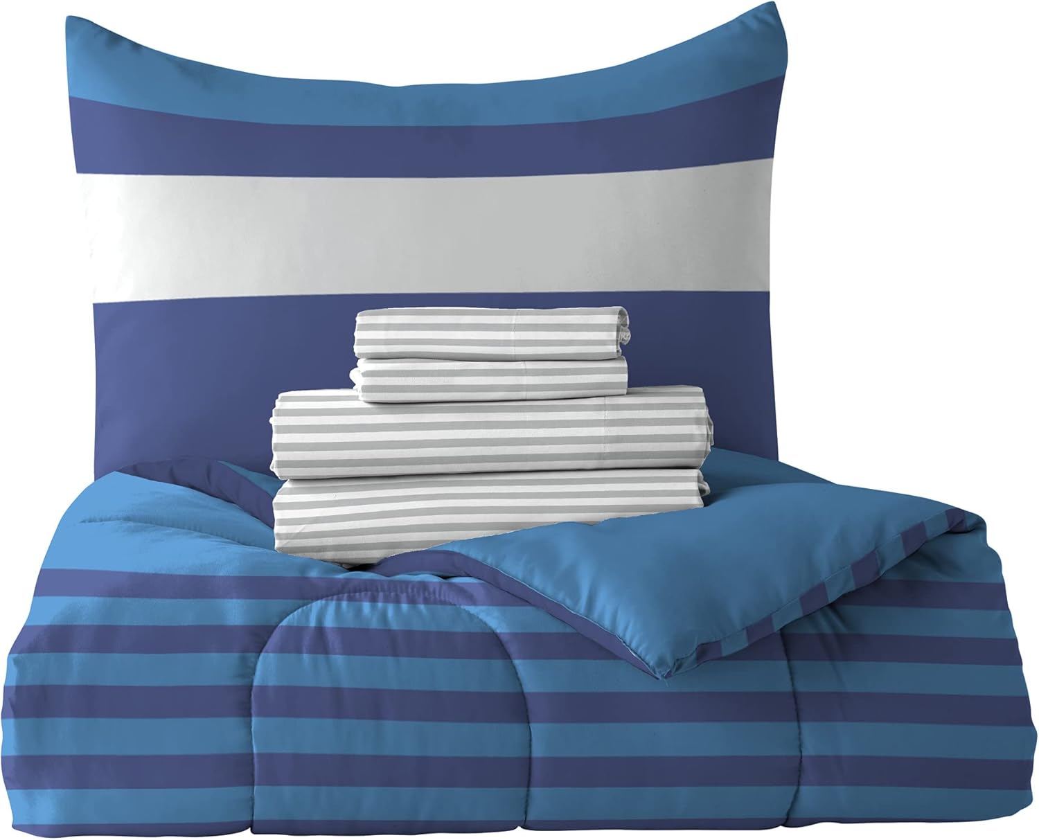 Dream Factory Kids 5-Piece Comforter Set Twin Blue Rugby Stripe