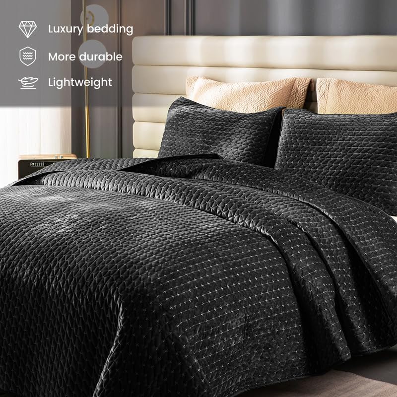 Rosecret Black Velvet Queen Quilt Bedding Set