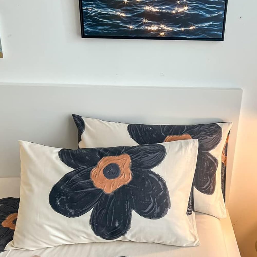 CLOTHKNOW Black Beige Sunflower Pillowcases Set of 2 1