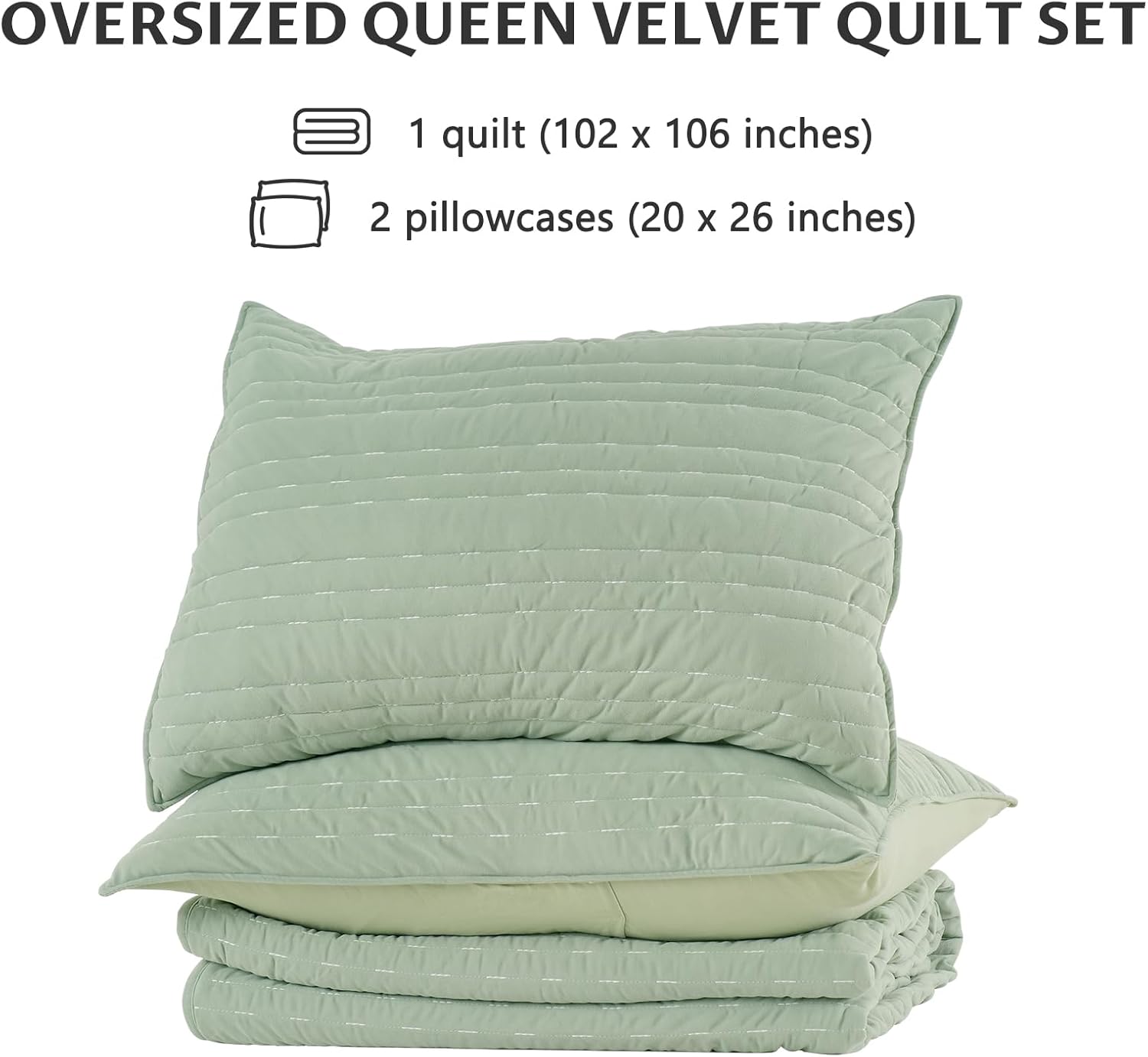 KASENTEX Sage Green Velvet Quilt Set 3 Piece 1
