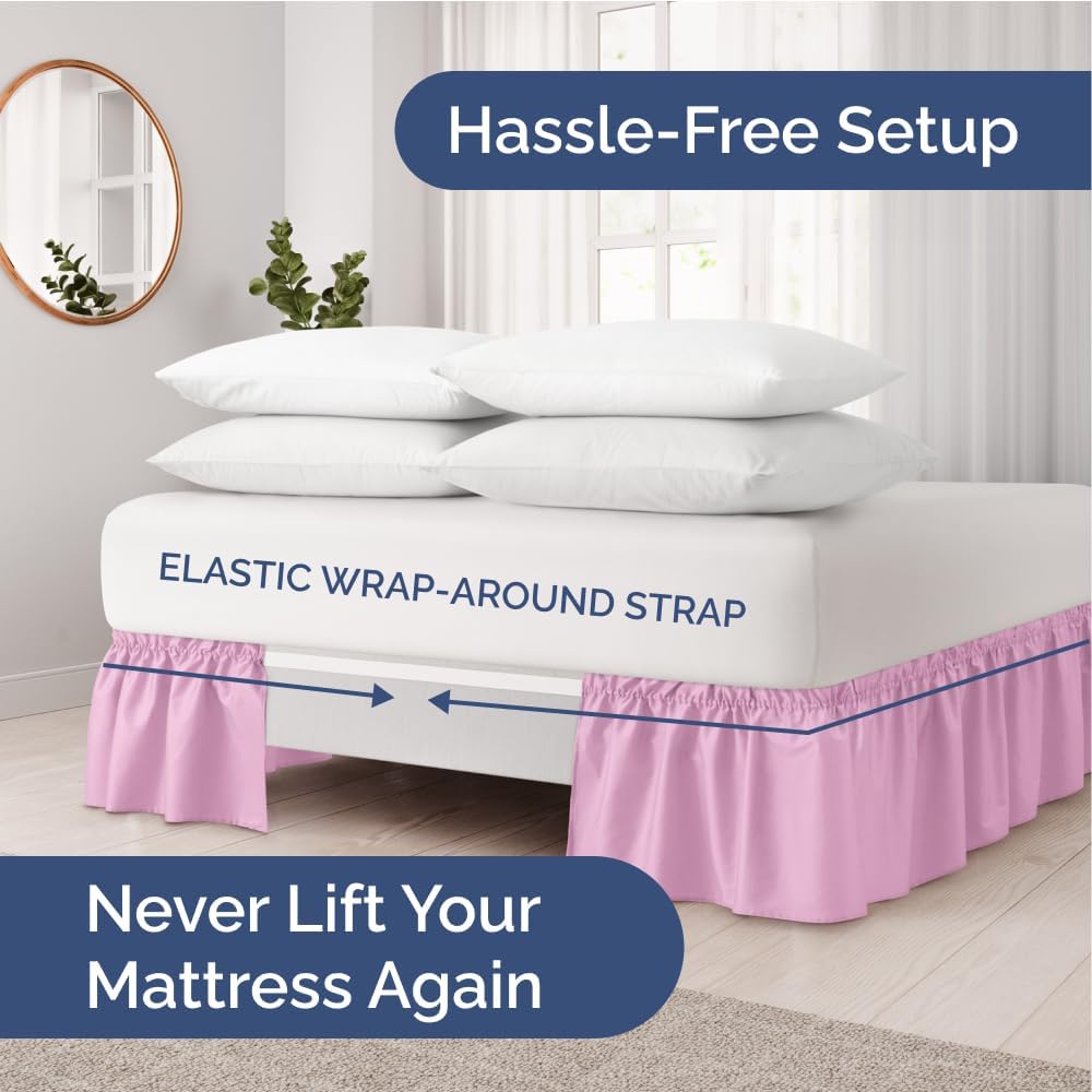 Wrap Around Dust Ruffle Bed Skirt 2 Pillowcases Bundle - Light Pink