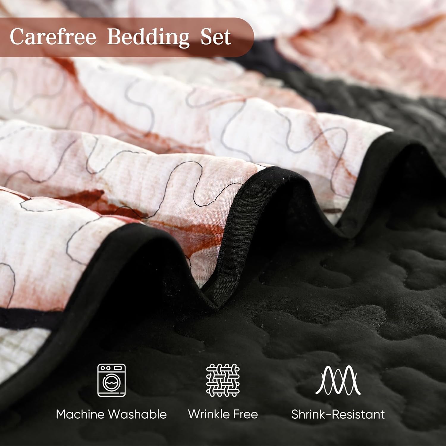 Drucon Black Quilt Queen Set - 3 Piece Pink Floral Bedding