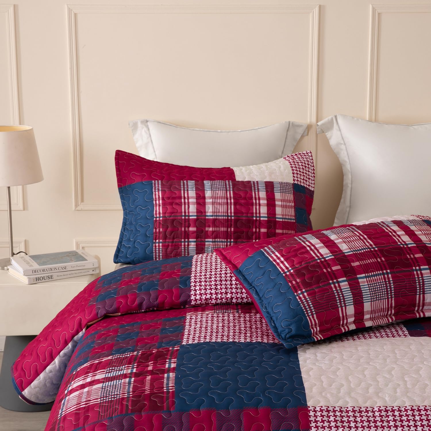 DURLENGEN Red Navy Patchwork Quilt Set 3Pcs