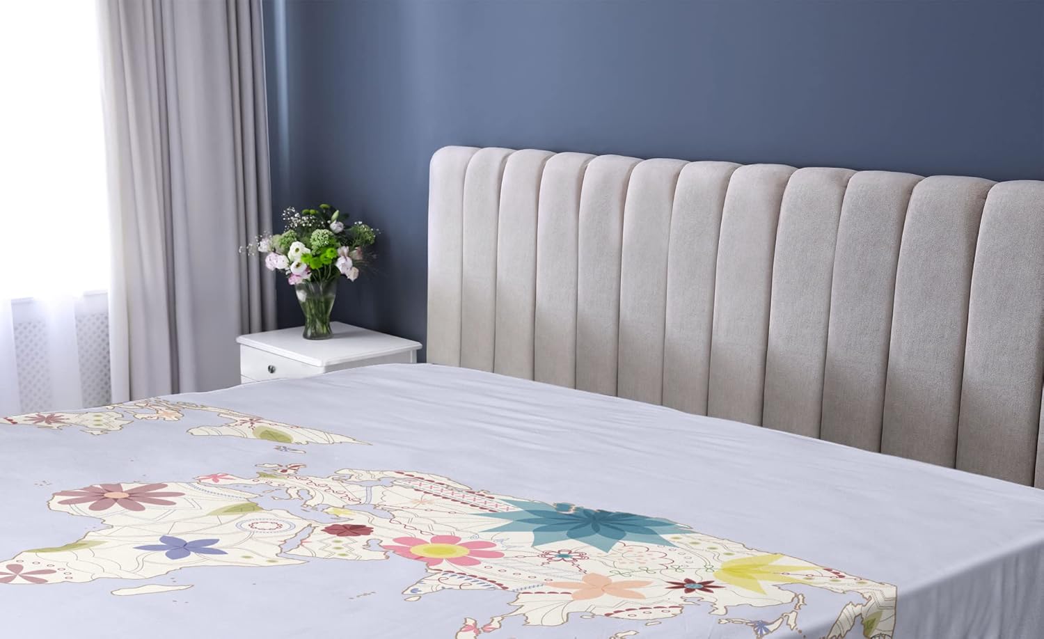Ambesonne Floral World Map Fitted Sheet Set