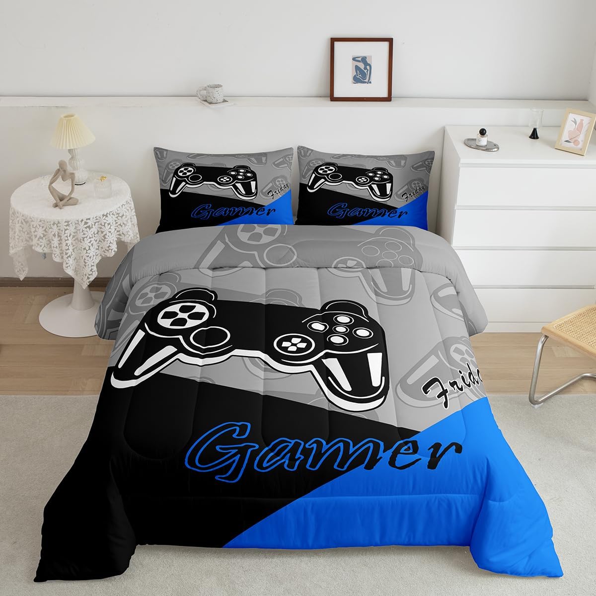 Feelyou Gaming Comforter Set for Boys Blue Black Grey