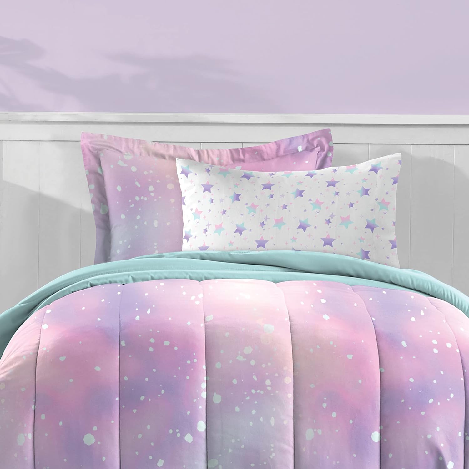 Dream FACTORY Kids 5-Piece Microfiber Comforter Set - Pink Twilight Galaxy Stars