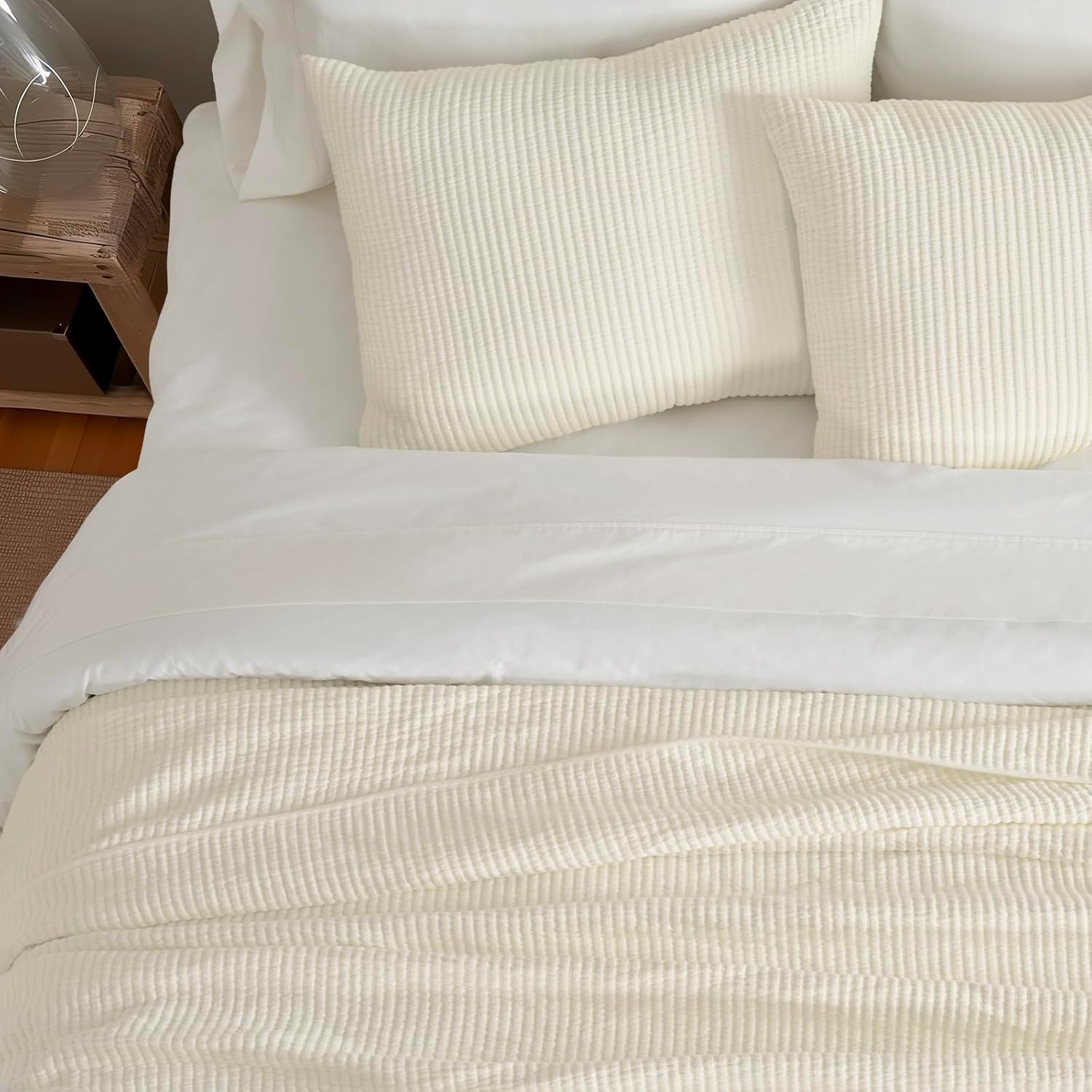 EvergraceHome Cotton Coverlet Set Full Queen 3 Pieces Eggshell Cream