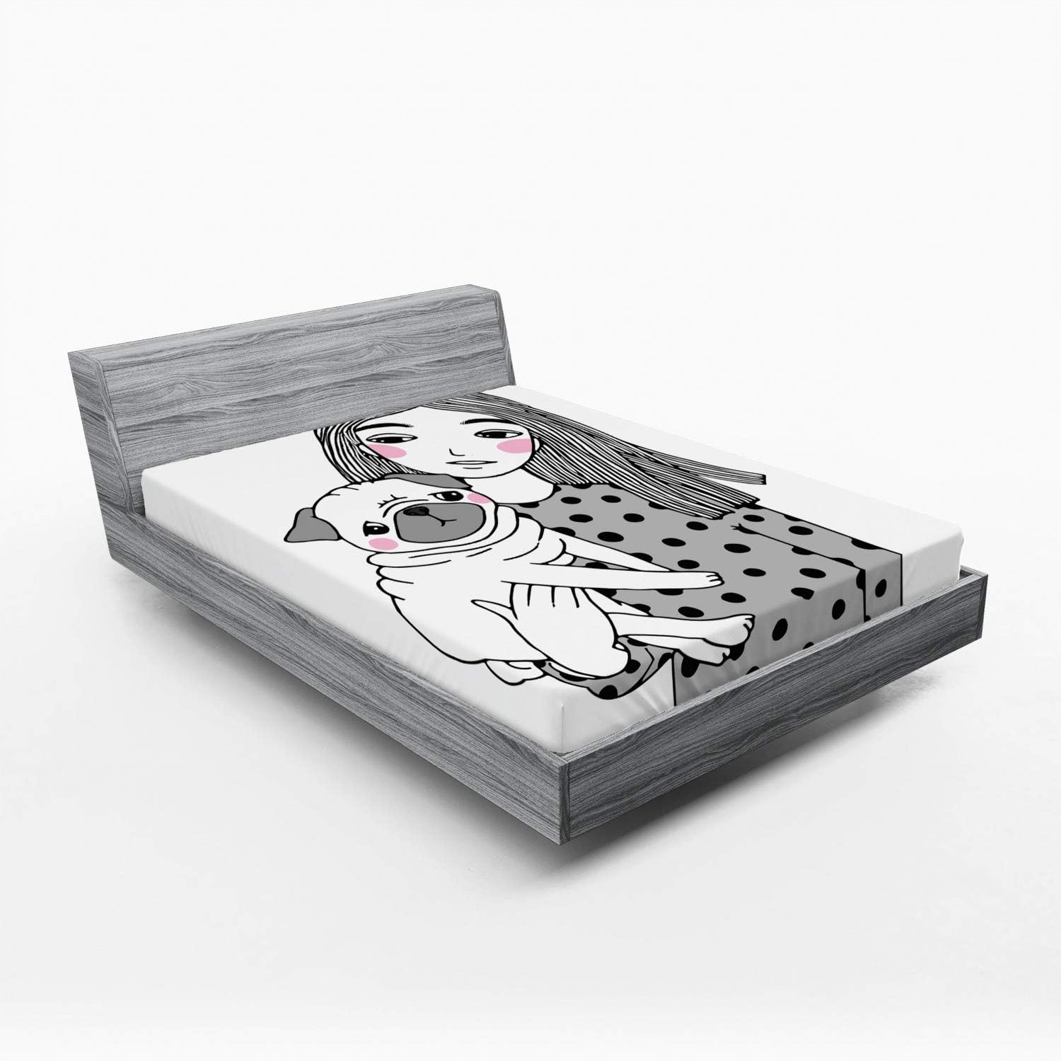 Ambesonne Pug Fitted Sheet - Black Grey White