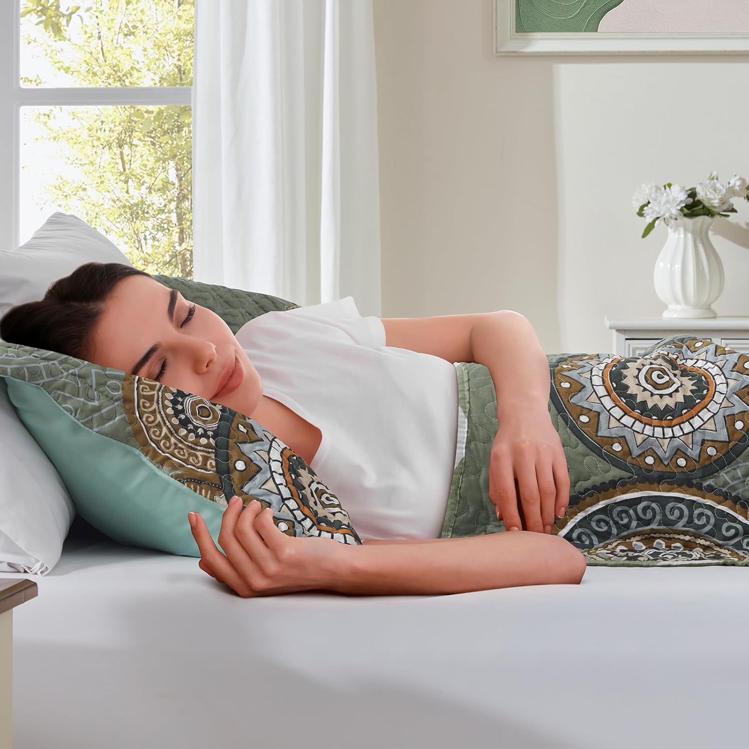 LEAONME Olive Green Queen Quilt Set 3-Piece