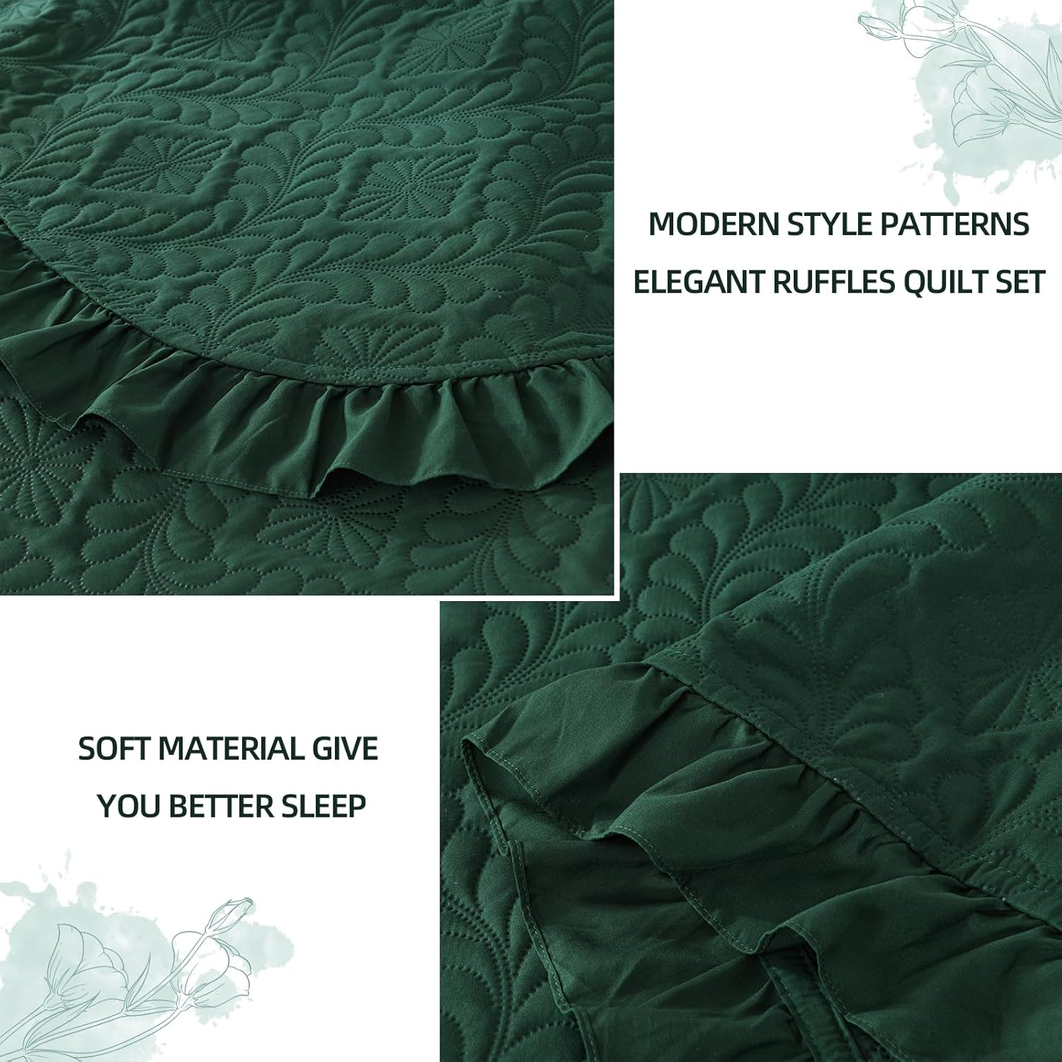 Emerald Green King Quilt Set 3 Piece Ruffled