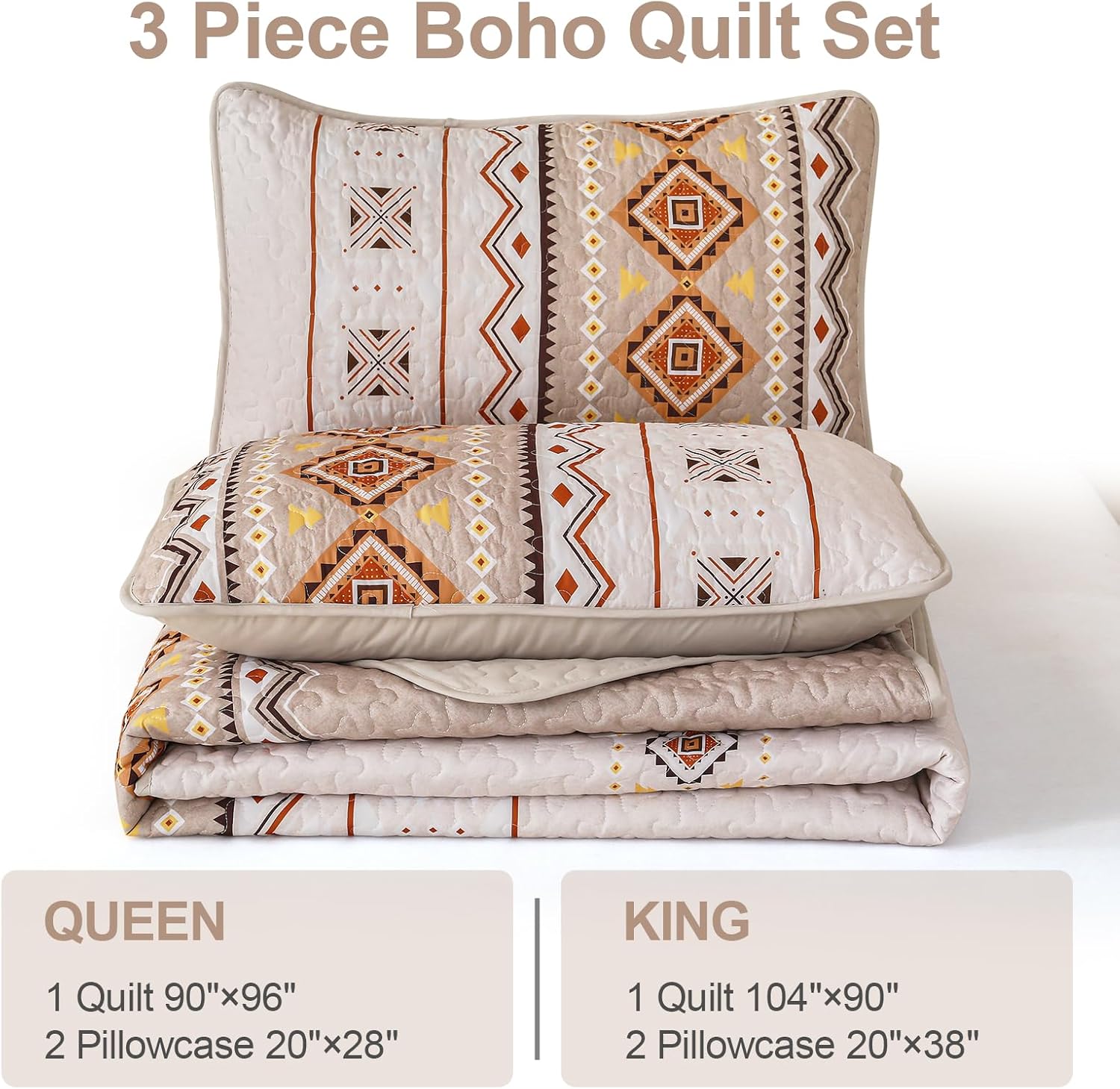 WONGS BEDDING Boho Beige Quilt Set Queen Size 1
