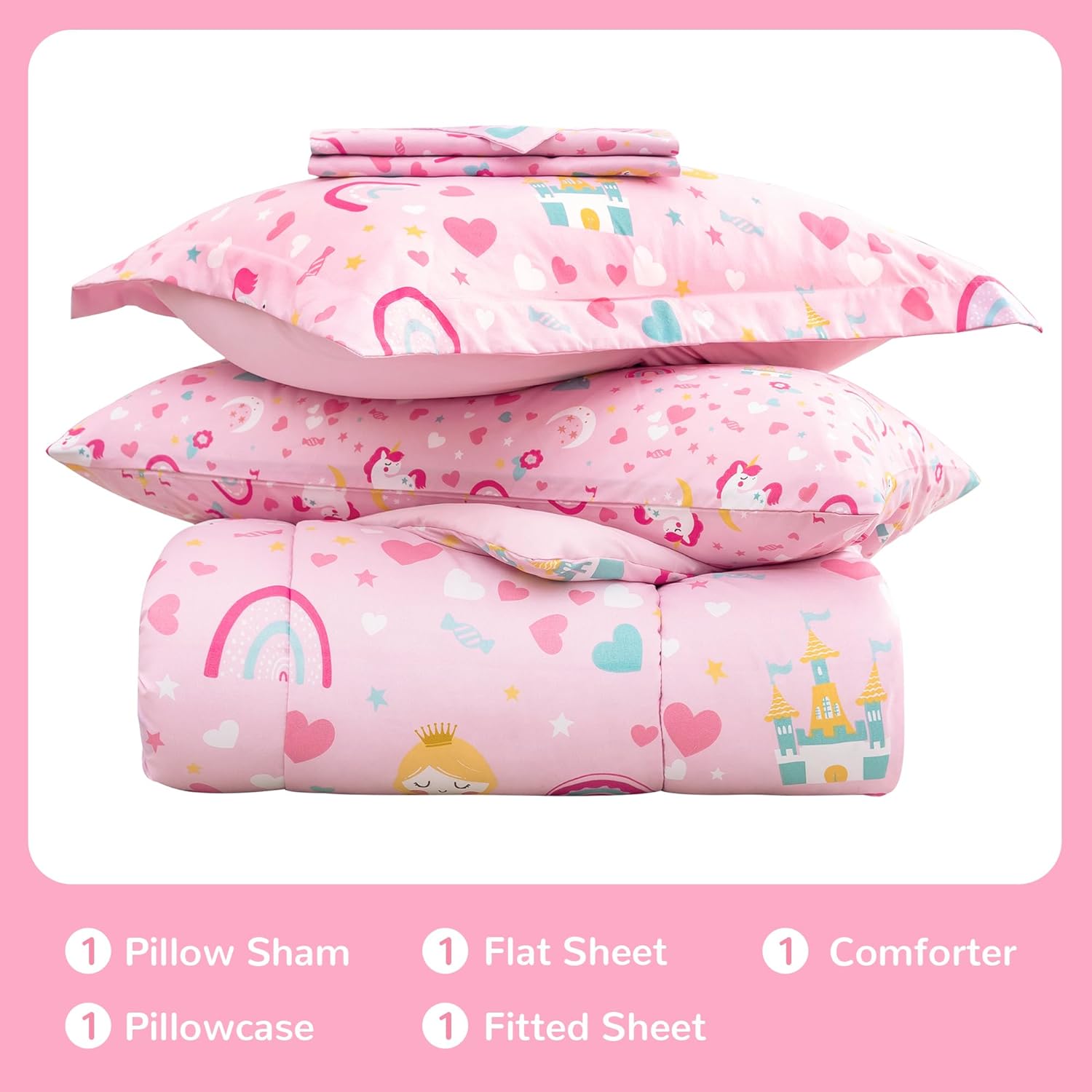 Viviland Girls Twin Comforter Set - Pink Unicorn Princess Rainbow