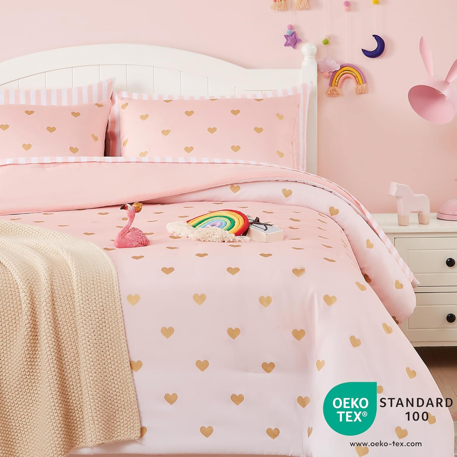 Wink Deer Queen Comforter Set with Sheets Pink Gold Heart 90x90
