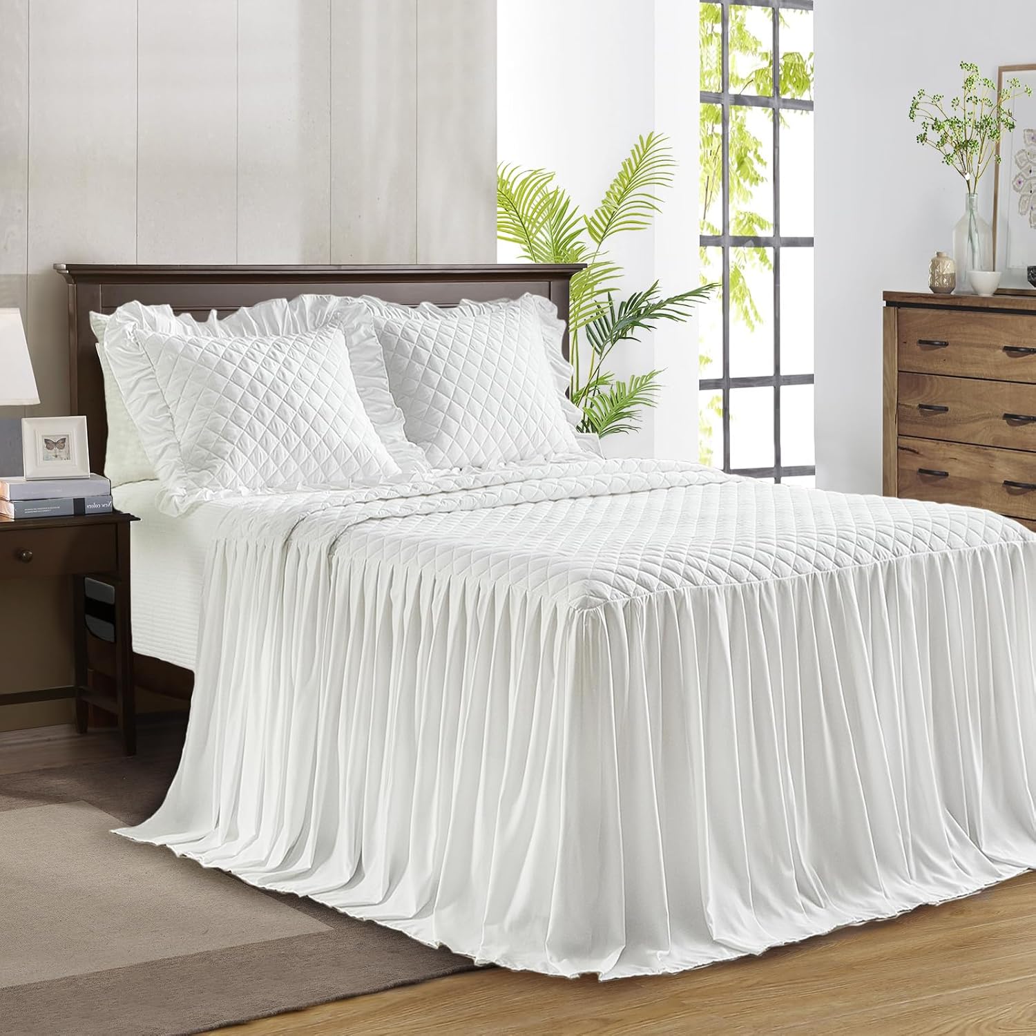UOZZI BEDDING Ruffle Skirt Bedspread Set - King Size White