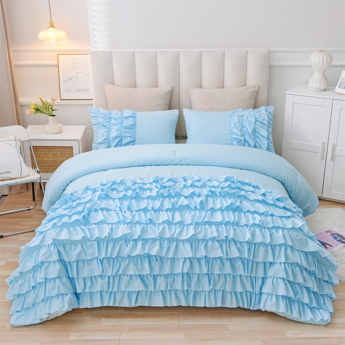 Holawakaka Light Blue Waterfall Ruffle Comforter Set