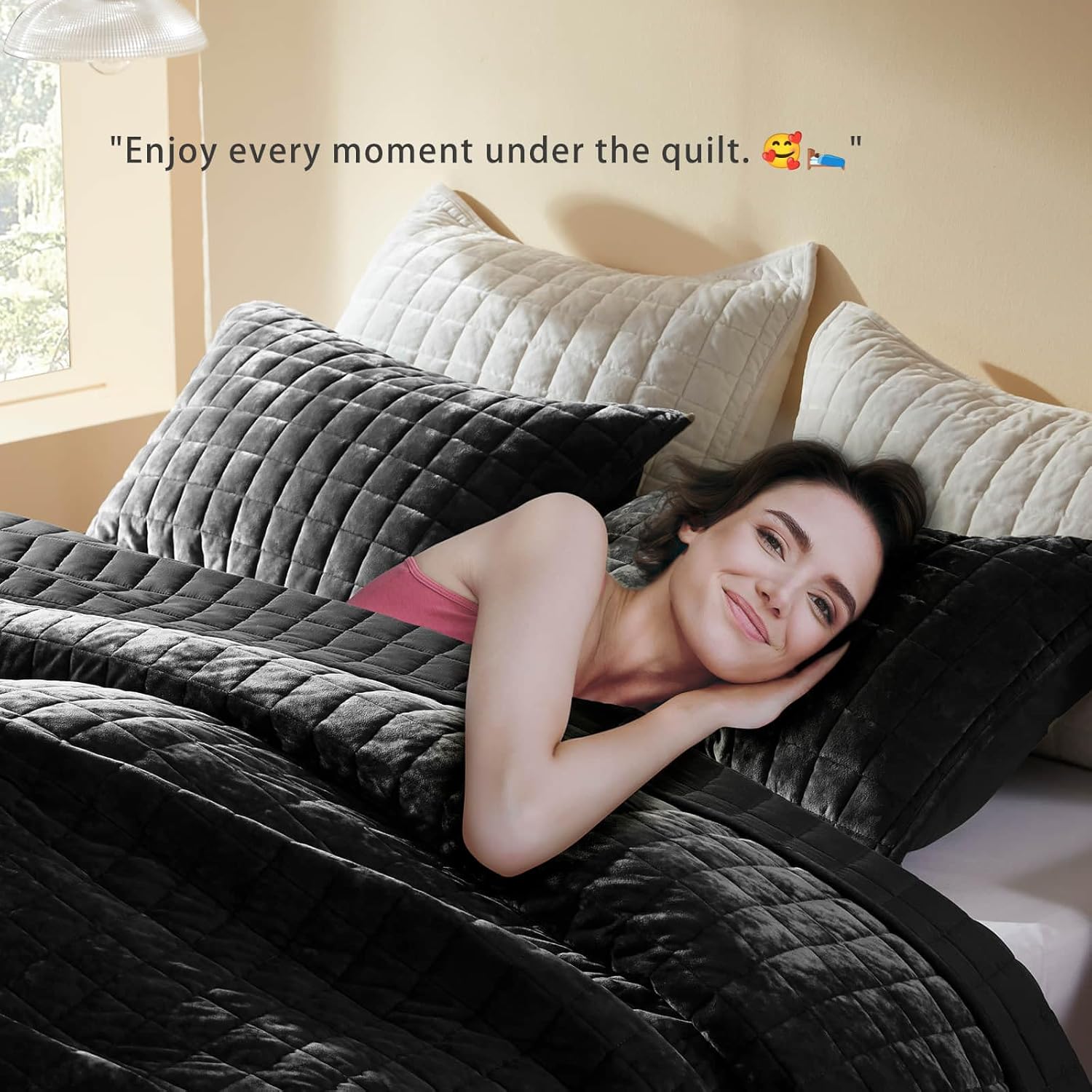 LEAONME Velvet Quilt Set - 90x98 Black Comforter with Pillow Shams