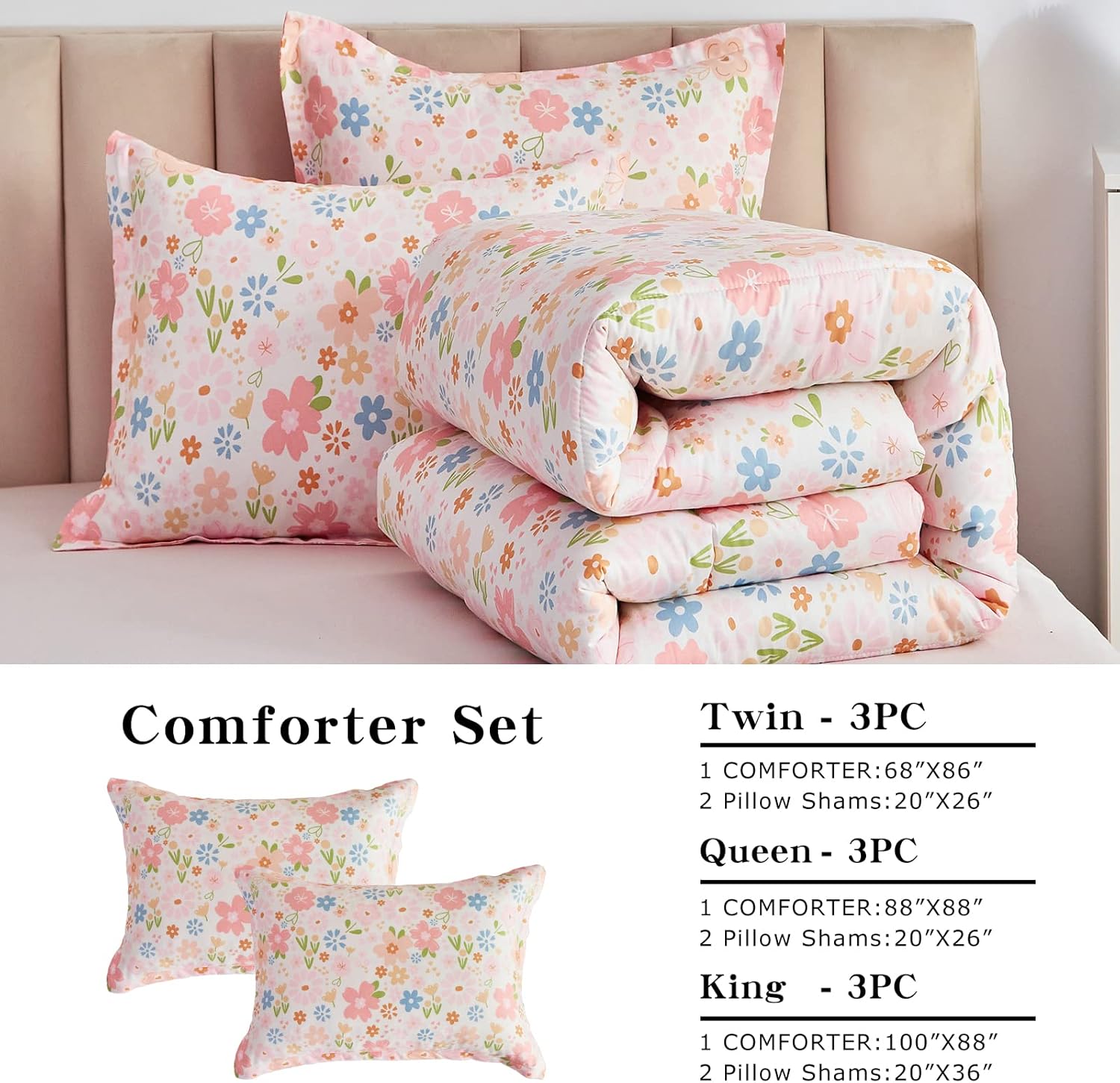 Joyreap 3pcs Floral Cotton Comforter Set for Girls