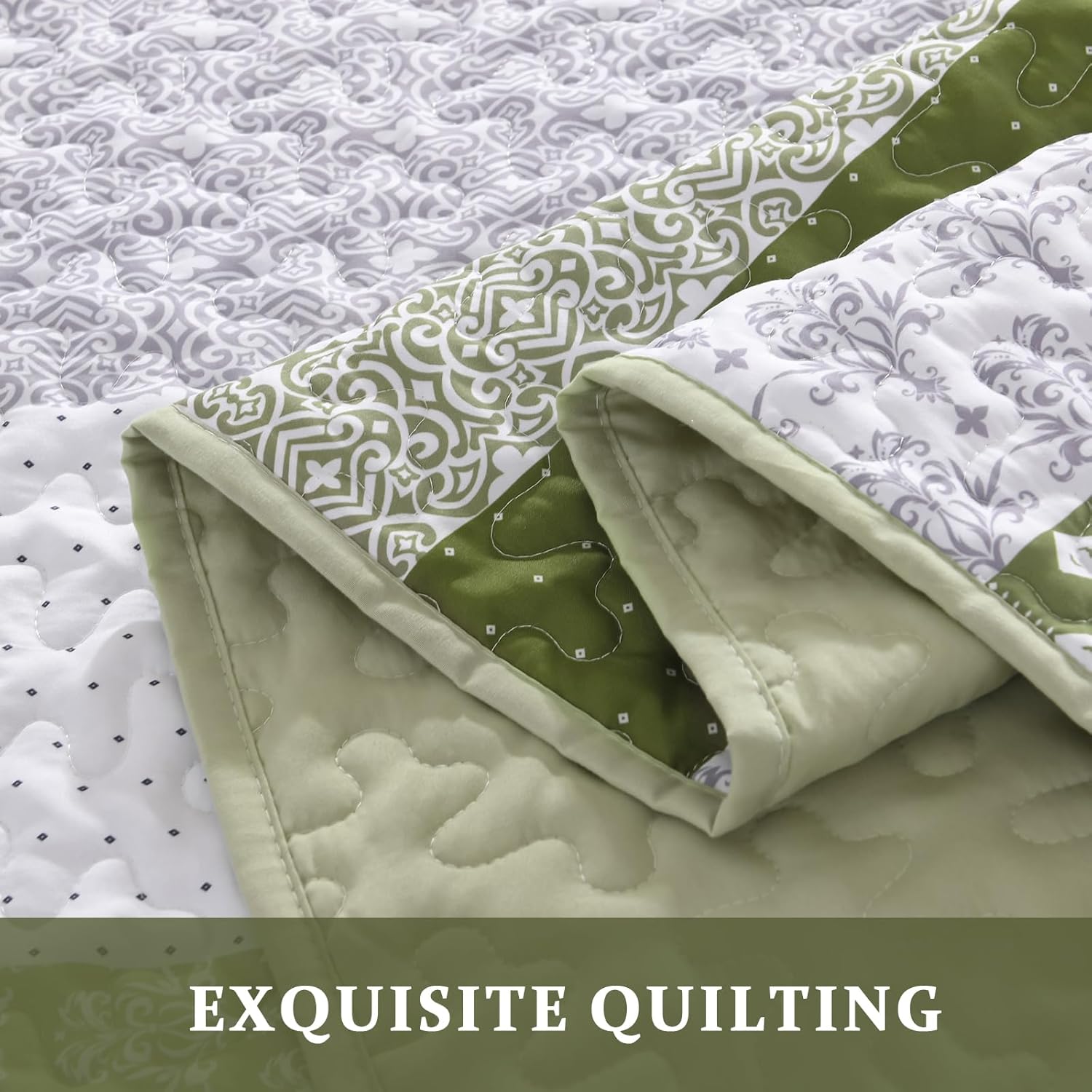 WONGS BEDDING Olive Green Boho Quilt Set Queen Size 3 Pieces