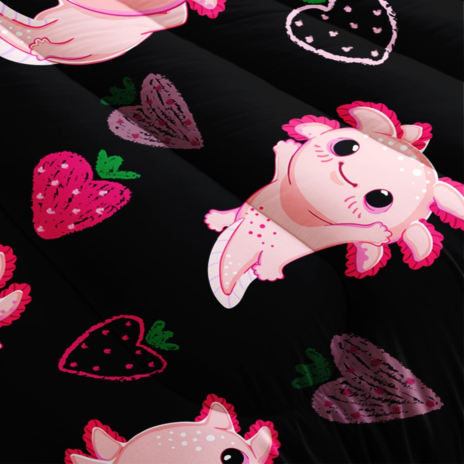 Cute Axolotl Comforter Set Twin Size Pink Strawberry Print